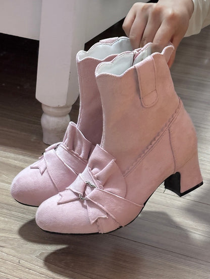 Pink Knotted Bow Accent Zip Closure at Sides Ankle Boots