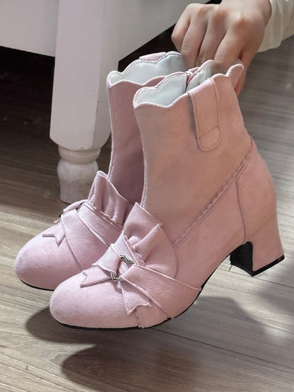 Pink Knotted Bow Accent Zip Closure at Sides Ankle Boots