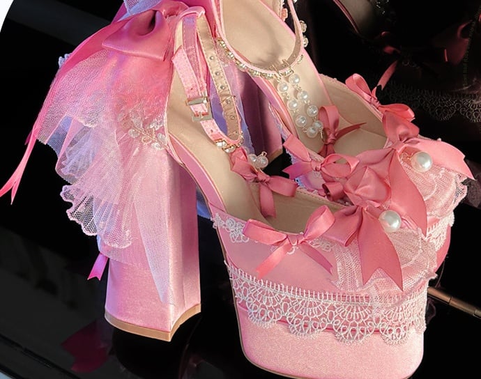 Clearance-Size 42 Pink Bows Lace Trim Rhinestone Ankle Strap 14CM Block Heel Hime Lolita Shoes with Beaded Chains