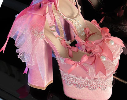 Clearance-Size 42 Pink Bows Lace Trim Rhinestone Ankle Strap 14CM Block Heel Hime Lolita Shoes with Beaded Chains