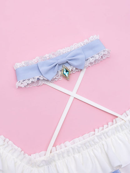 White Square Neckline with Blue Choker Halter Neck Jirai Kei Short Sleeves Blouse