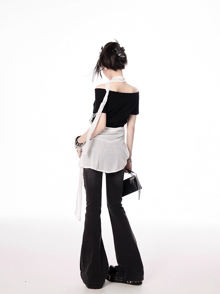 Y2K Black and White Letter Print Two-pieces Halter T-shirt