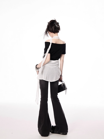 Y2K Black and White Letter Print Two-pieces Halter T-shirt