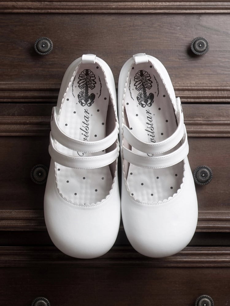 White Gothic Cross Embroidery Velcro Strap Closures Round Toe Flats