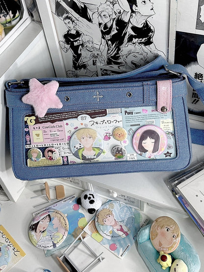 Blue Cross Design Denim Ita Bag with Detachable Chain