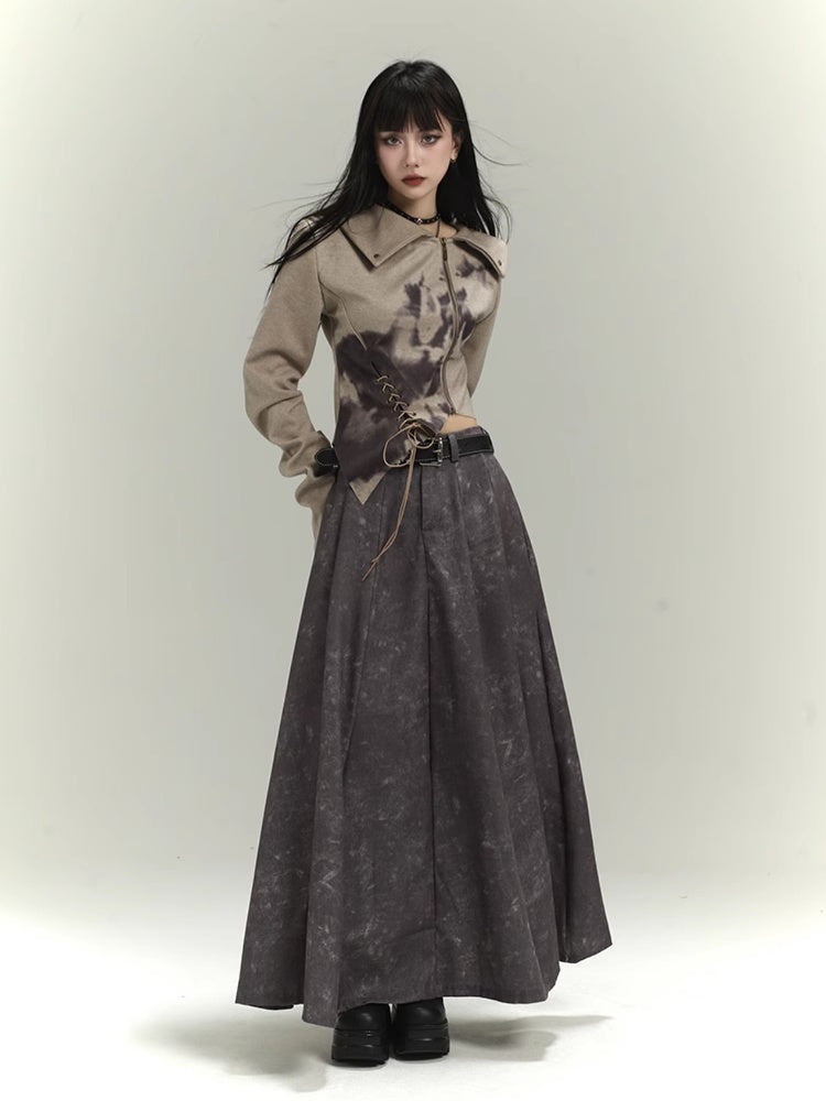 Wasteland Punk Khaki Asymmetrical Hem Cropped Jacket with Lace-up Detail at Front