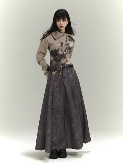 Wasteland Punk Khaki Asymmetrical Hem Cropped Jacket with Lace-up Detail at Front