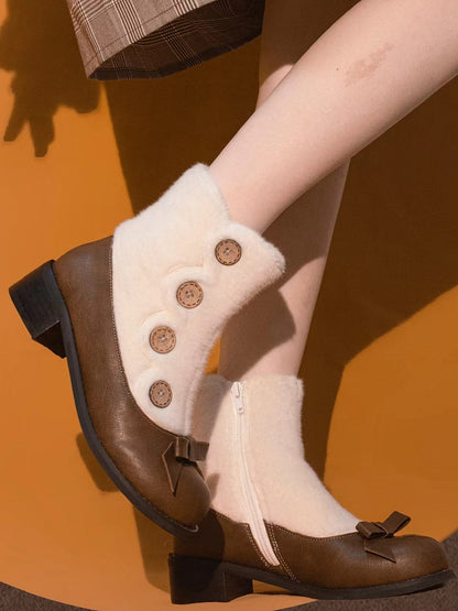 Brown & White Elegant Lolita 4cm/6cm Mid-heel Winter Boots - Plush Lining with Button Accents, Bow Details & Inner Zipper