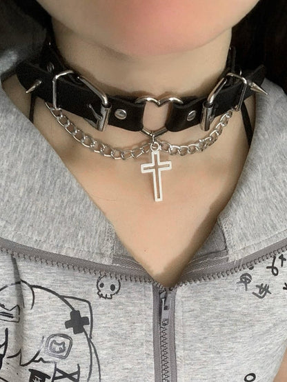 Black/White Punk Cross Pendant Studs Details Buckles Design Choker