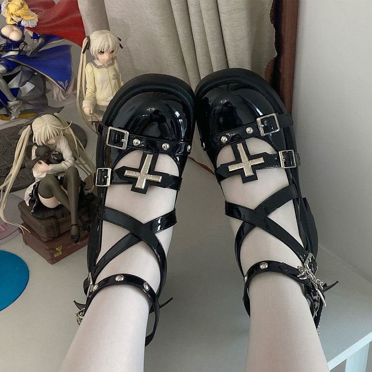 Silver-tone Studs Cross Balck Platform Chunky Heels Punk Shoes