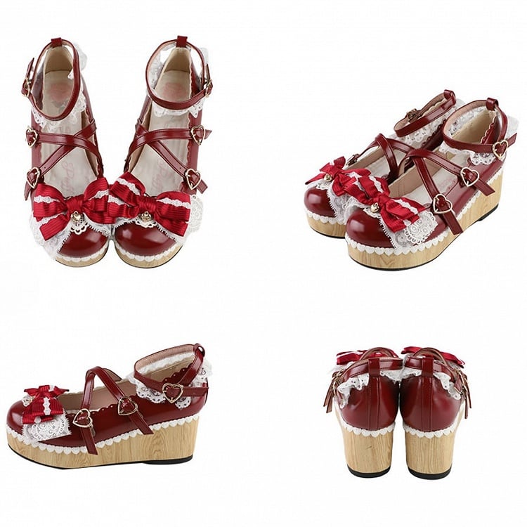 Red Bow at Top Crisscross Design Heart Buckles Lace Trim Platforms