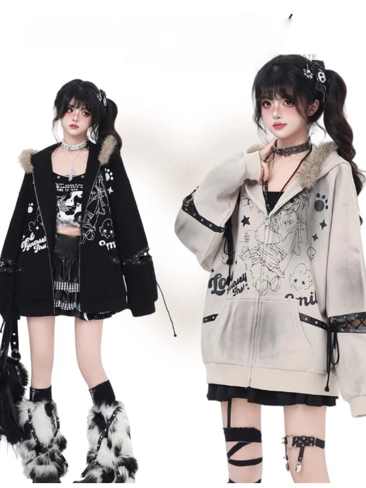 Khaki/Black Faux Fur Collar Loose Punk Coat with Lace-Up Detail