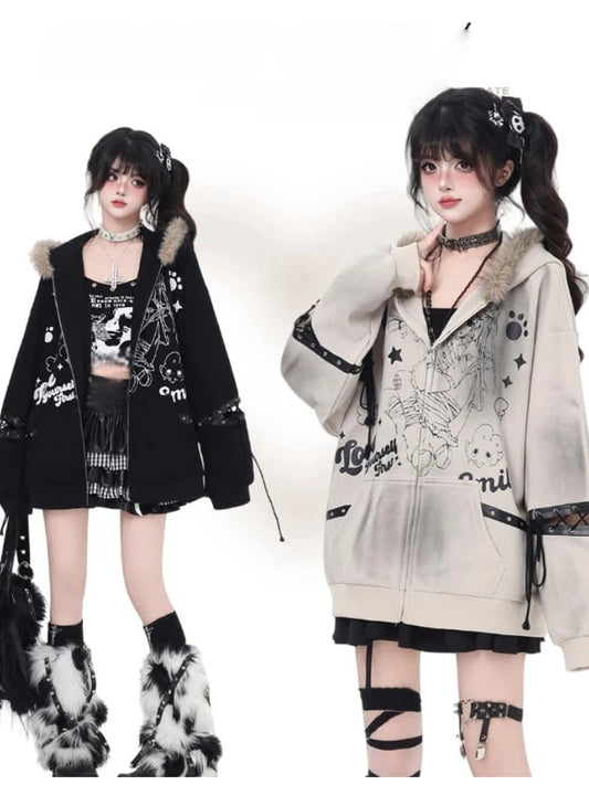 Khaki/Black Faux Fur Collar Loose Punk Coat with Lace-Up Detail