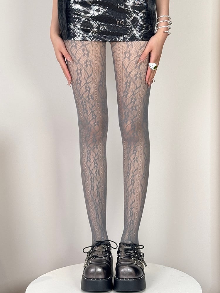 Black/White/Gray/Brown/Blue Hollow-out Design Floral Pattern Tights