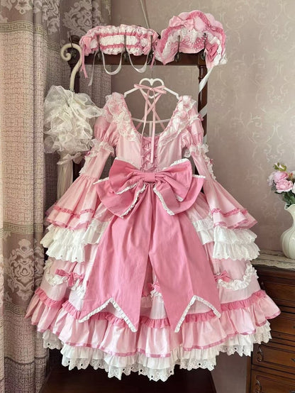 Clearance-Size M for Bust 88-103CM Pink Gorgeous Old School Princess Lolita Cotton Dress+ Sleeves