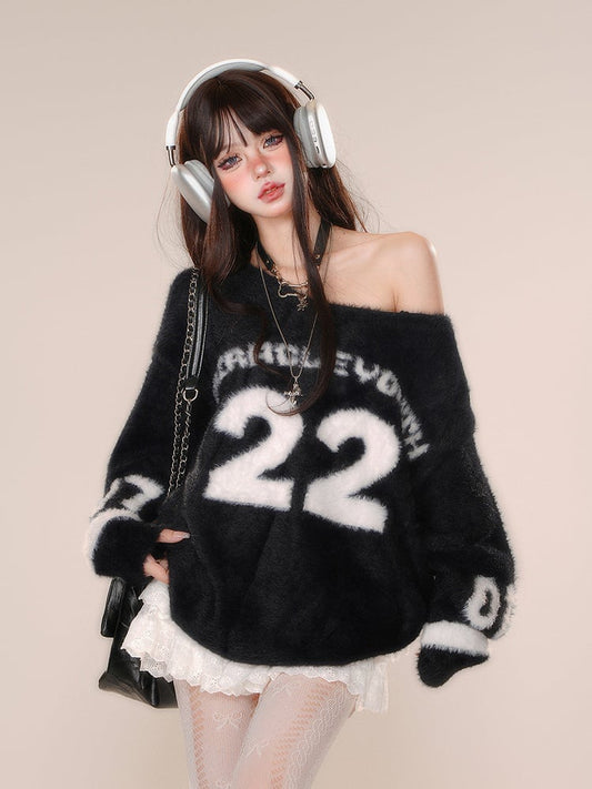 Clearance-Size M for Bust 61CM Black Asymmetrical Neckline Number Pattern Blokette Core Mohair Sweater