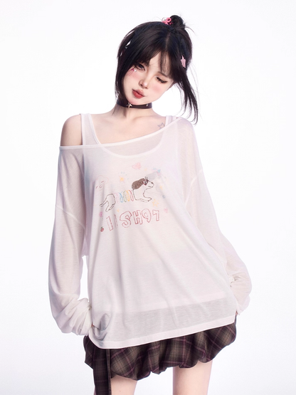 White Asymmetrical Neckline Slinky Dog Print Coverup with Tank Top Set