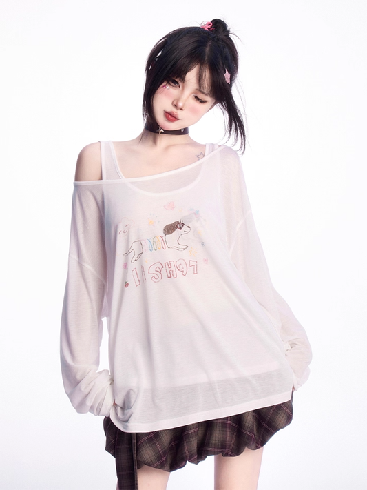 White Asymmetrical Neckline Slinky Dog Print Coverup with Tank Top Set