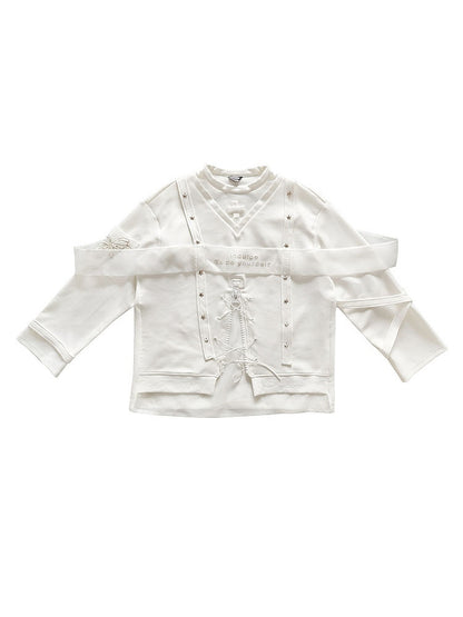 Zip Design White Butterfly Embroidered Chic Sweat Shirt with Star-shaped Studs