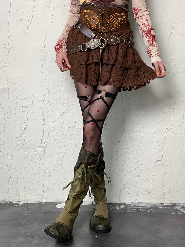 Black Y2K Red Heart Pattern Tights