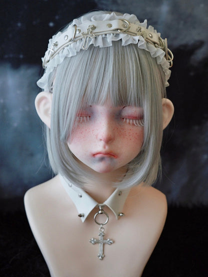 White Gothic Cross Stud Ring Buckle PU Ruffled KC