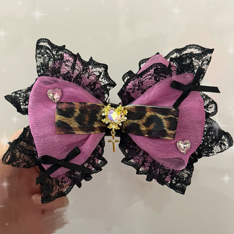 Rose Red Leopard Pattern Rhinestone Heart Decorated Lace Trim Bowknot Hairclip