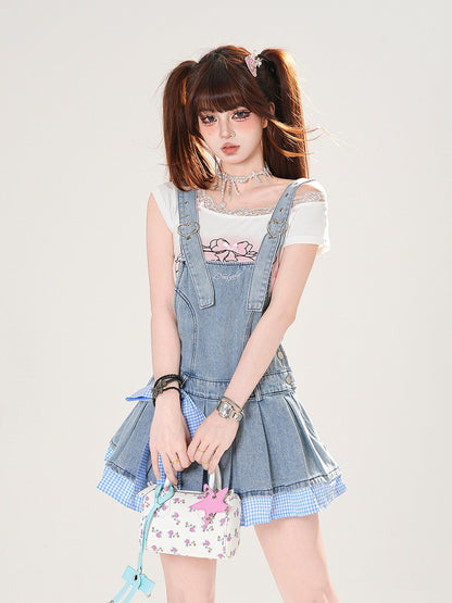 Blue Plaid Hem and Bowknot Box Pleat Adjustable Straps Denim Overall Dress