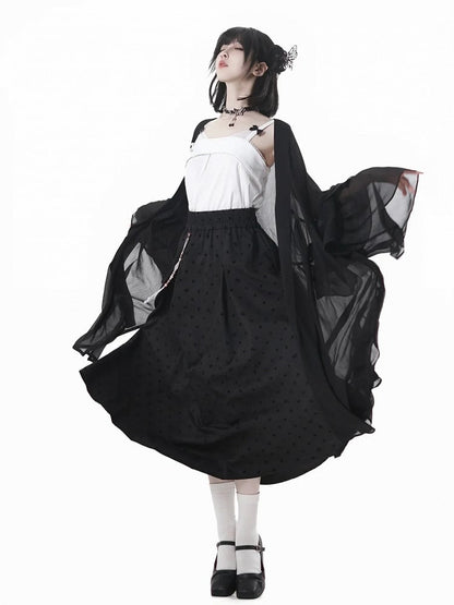 Black Elastic Waist Cheongsam Style Polka-dot Skirt with Tassel Charm