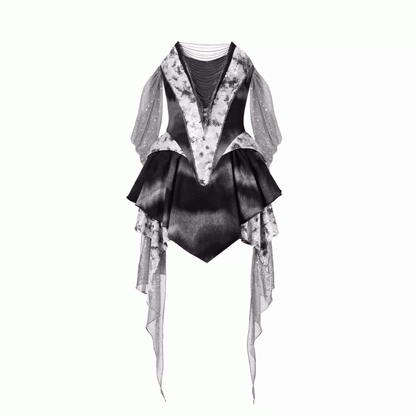 Y3K Fashion Futuristic Black Basque Waist Metal Chains Front Handkerchief Hem Cyberpunk Hooded Dress