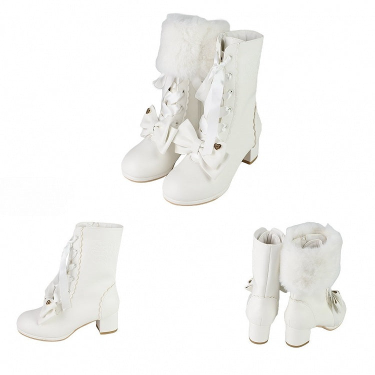 White Sweet Lolita Mid-Calf Boots - Detachable Bow Accents & Lace Fastening