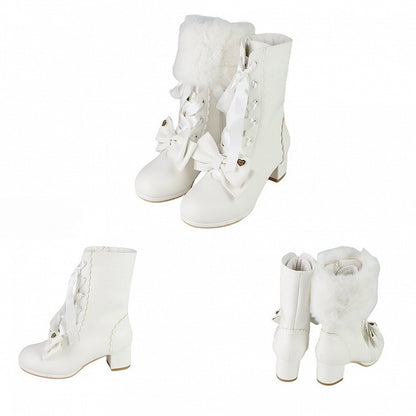 White Sweet Lolita Mid-Calf Boots - Detachable Bow Accents & Lace Fastening