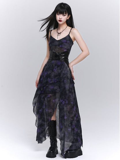 Black & Purple Floral Print Asymmetrical Hem Glamorous Cami Dress