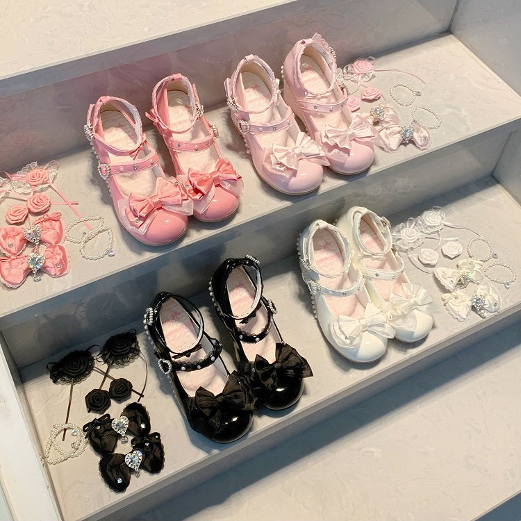 Detachable Rose Details, Beads Decor & Bow Accents PU Black Wedge Mary Janes in Sweet Lolita