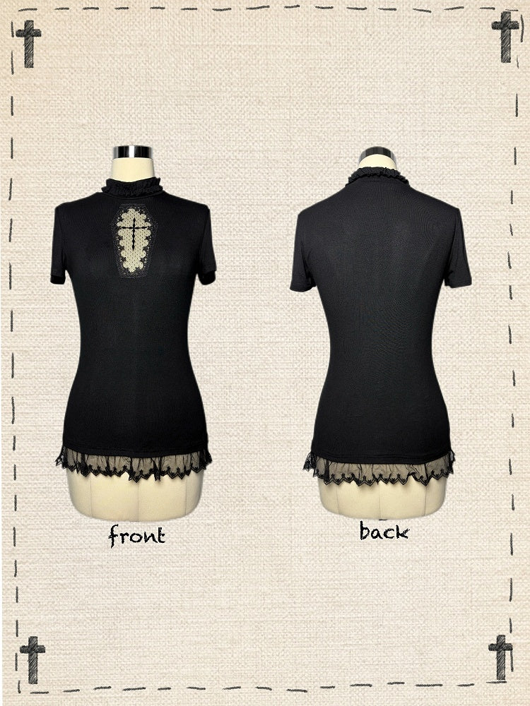 Gothic Black/White Mock Neck Coffin-Shaped Cutout T-Shirt