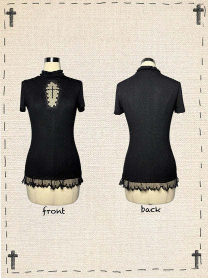 Gothic Black/White Mock Neck Coffin-Shaped Cutout T-Shirt