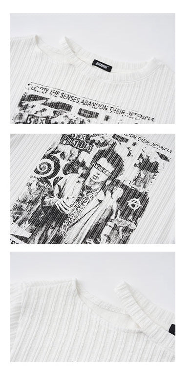 Punk White Asymmetrical Cutout Shoulder Graphic T-shirt