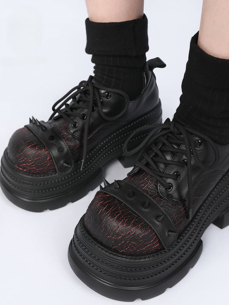 Black & Red Platform Shoes in Gothic Style - Cone Stud Detailing & Lace-up Closure