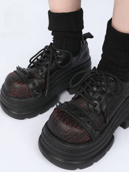 Black & Red Platform Shoes in Gothic Style - Cone Stud Detailing & Lace-up Closure