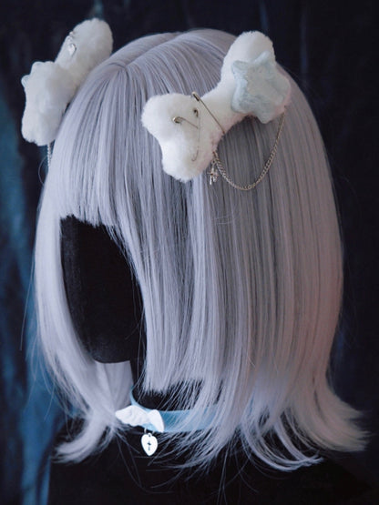 2 Options Star Charm Handmade White Plush Bone Hairclip with Chain