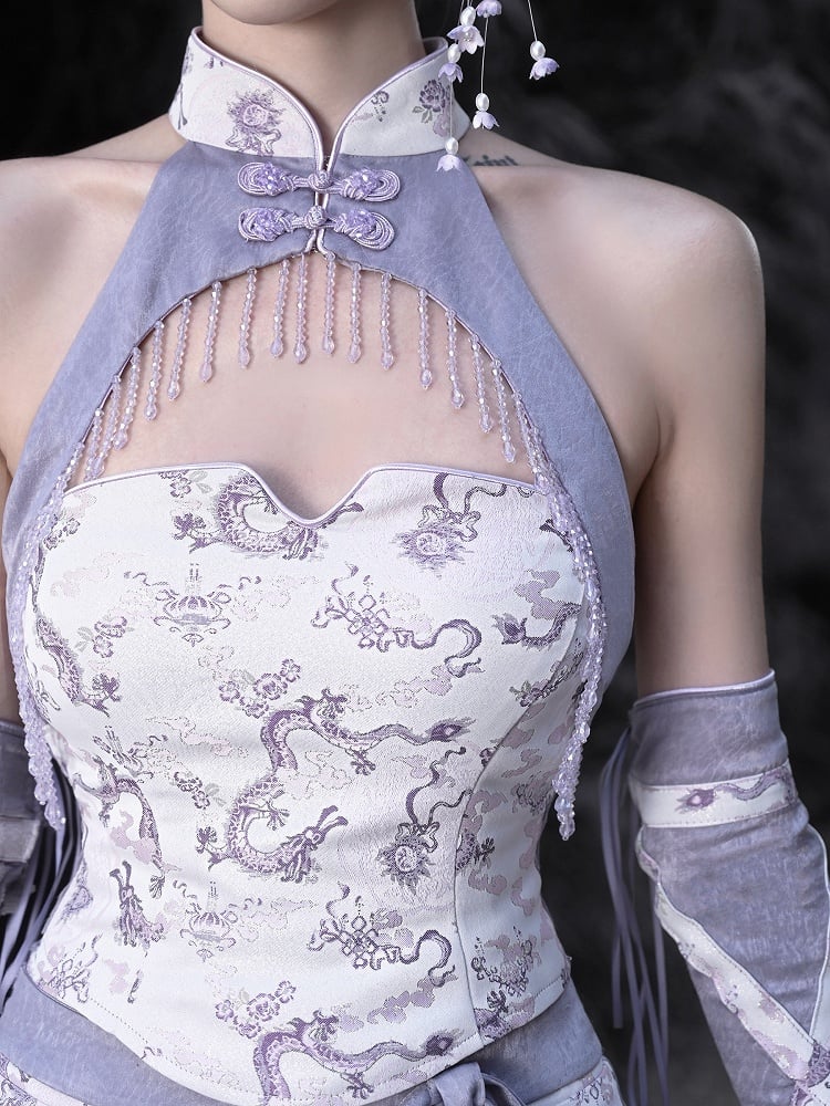Clearance - Size S for Bust 78-84CM Purple Cheongsam Banded Collar Halter Neck Top Chinoiserie Dragon Print