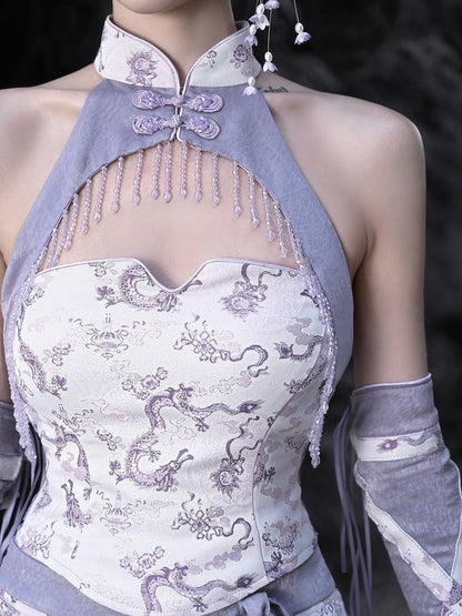 Clearance - Size S for Bust 78-84CM Purple Cheongsam Banded Collar Halter Neck Top Chinoiserie Dragon Print