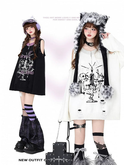 White Punk Cutout Shoulder Distressed Sweater with Studs