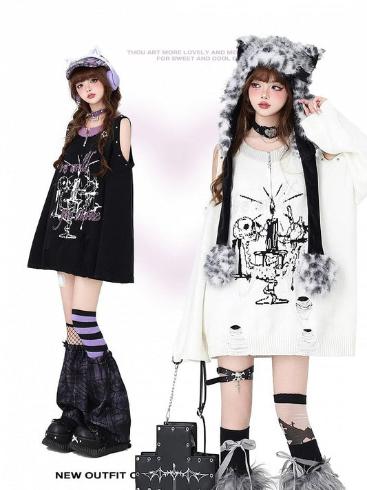 White Punk Cutout Shoulder Distressed Sweater with Studs