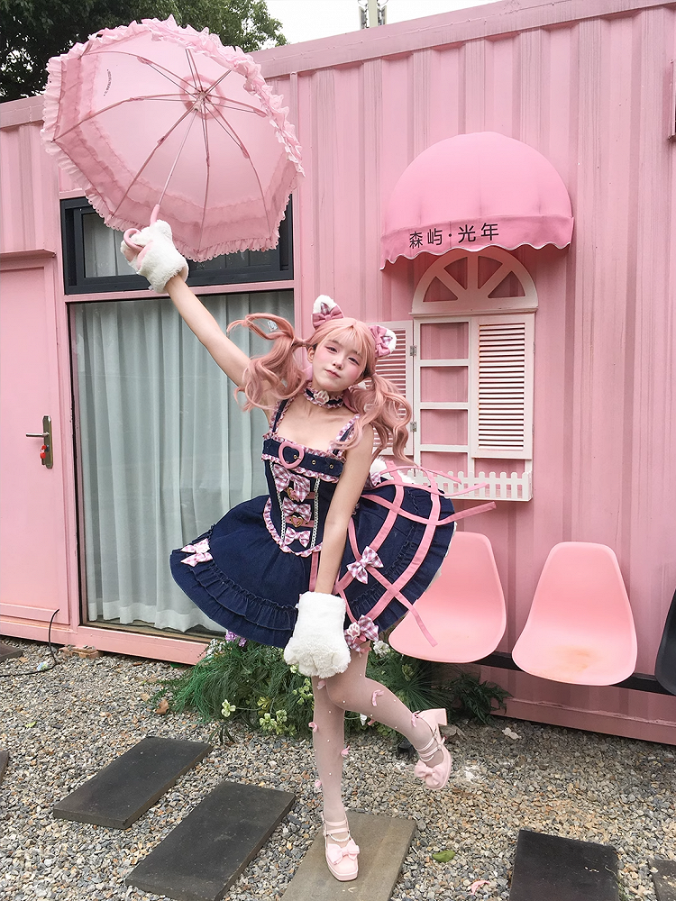 Y2K Pink Plaid Bowknots Birdcage Design Blue Denim Sweet Lolita Dress Jumper Skirt