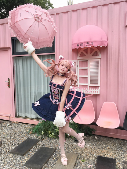 Y2K Pink Plaid Bowknots Birdcage Design Blue Denim Sweet Lolita Dress Jumper Skirt