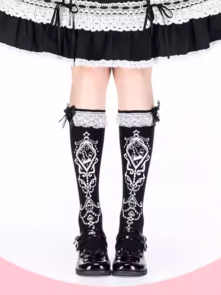 Black Ruffled Lace Cuff Printed Lolita Under Knee Stockings