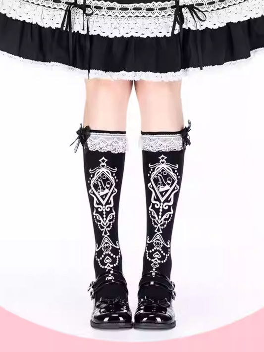 Black Ruffled Lace Cuff Printed Lolita Under Knee Stockings