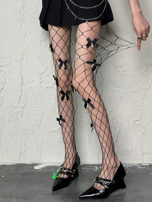 Black Y2K Beaded Charm Bowknot Details Fishnet Tights
