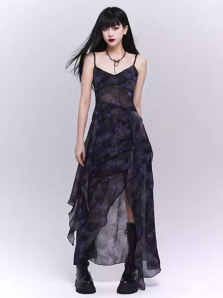Black & Purple Floral Print Asymmetrical Hem Glamorous Cami Dress