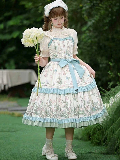 Natural Kei Floral and Bird Print Lolita Jumper Skirt with Waist Belt